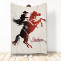 Rodeo throw blanket featuring a dramatic bull rider silhouette in black and red western artwork