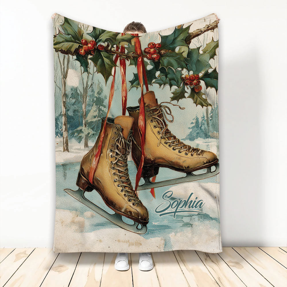 Ice skating blanket with vintage brown skates, snowy woodland scene, holly leaves and red ribbons