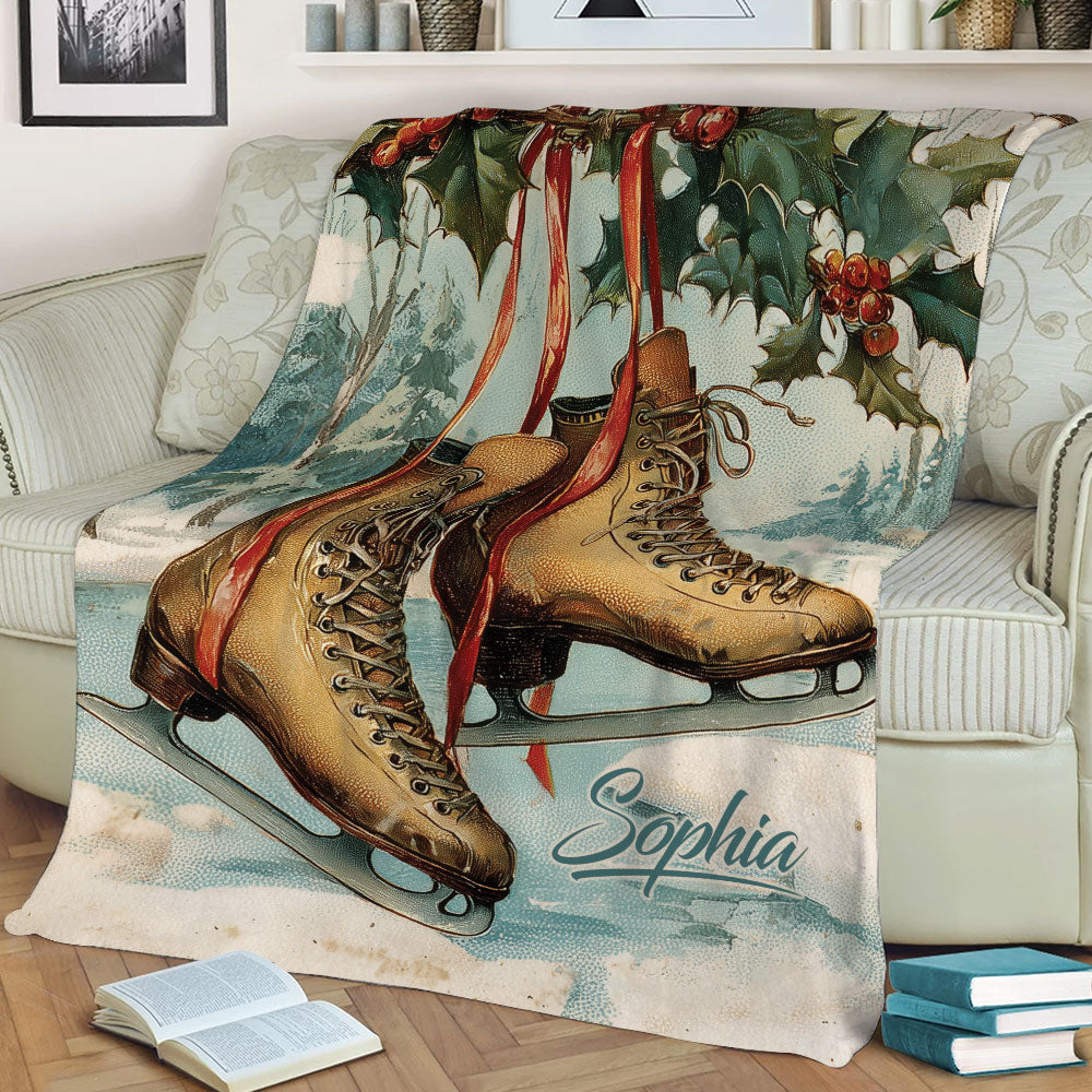 Vintage ice skating blanket with detailed skates, snowy scenery and festive holly design on a couch