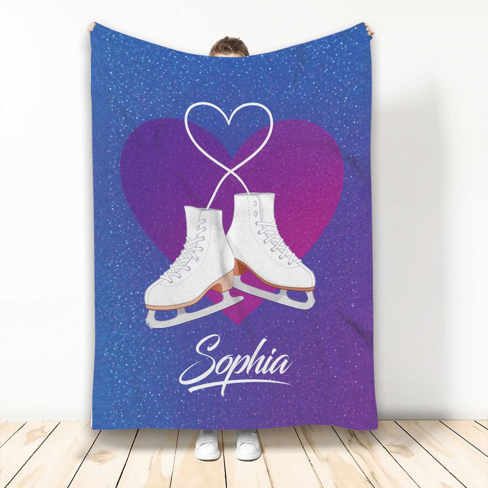 Ice skating blanket with white skates, heart artwork, and blue and purple starry colors