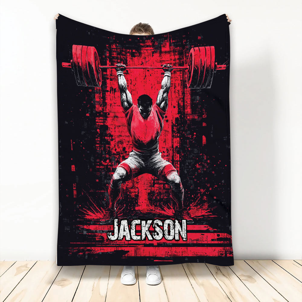 Weightlifting throw blanket featuring a barbell lifter in bold red and black athletic artwork