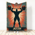 Weightlifting throw blanket with a barbell lifter silhouette, retro sunburst artwork, and distressed gym-inspired colors