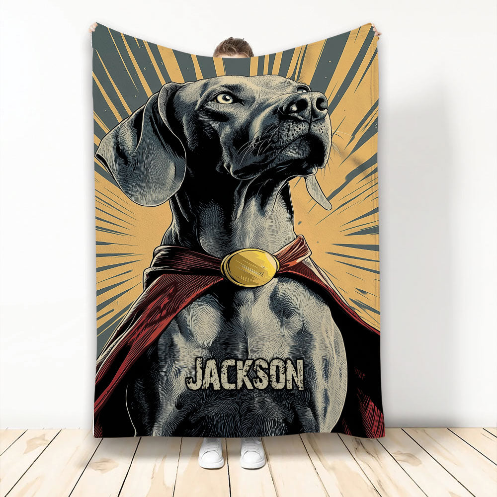 Weimaraner throw blanket featuring a bold gray dog illustration with a heroic cape and sunburst background