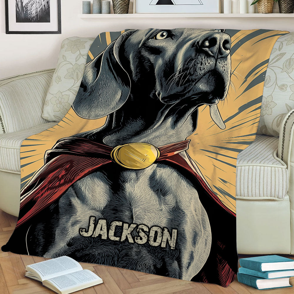 Close view of a Weimaraner throw blanket with detailed dog artwork, cape-inspired design and radiant background