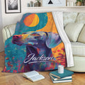 Custom Weimaraner throw blanket featuring vibrant dog artwork on a sofa