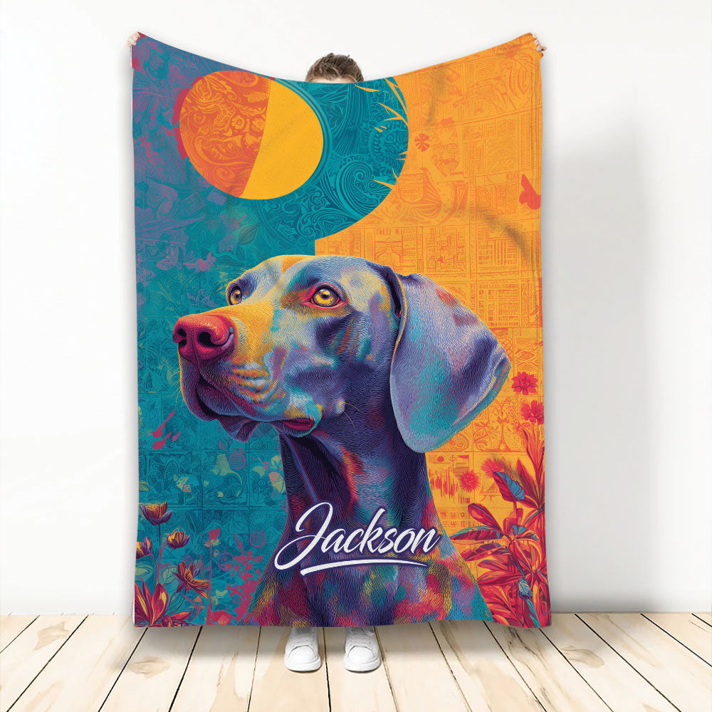 Colorful Weimaraner dog artwork on a custom throw blanket displayed upright