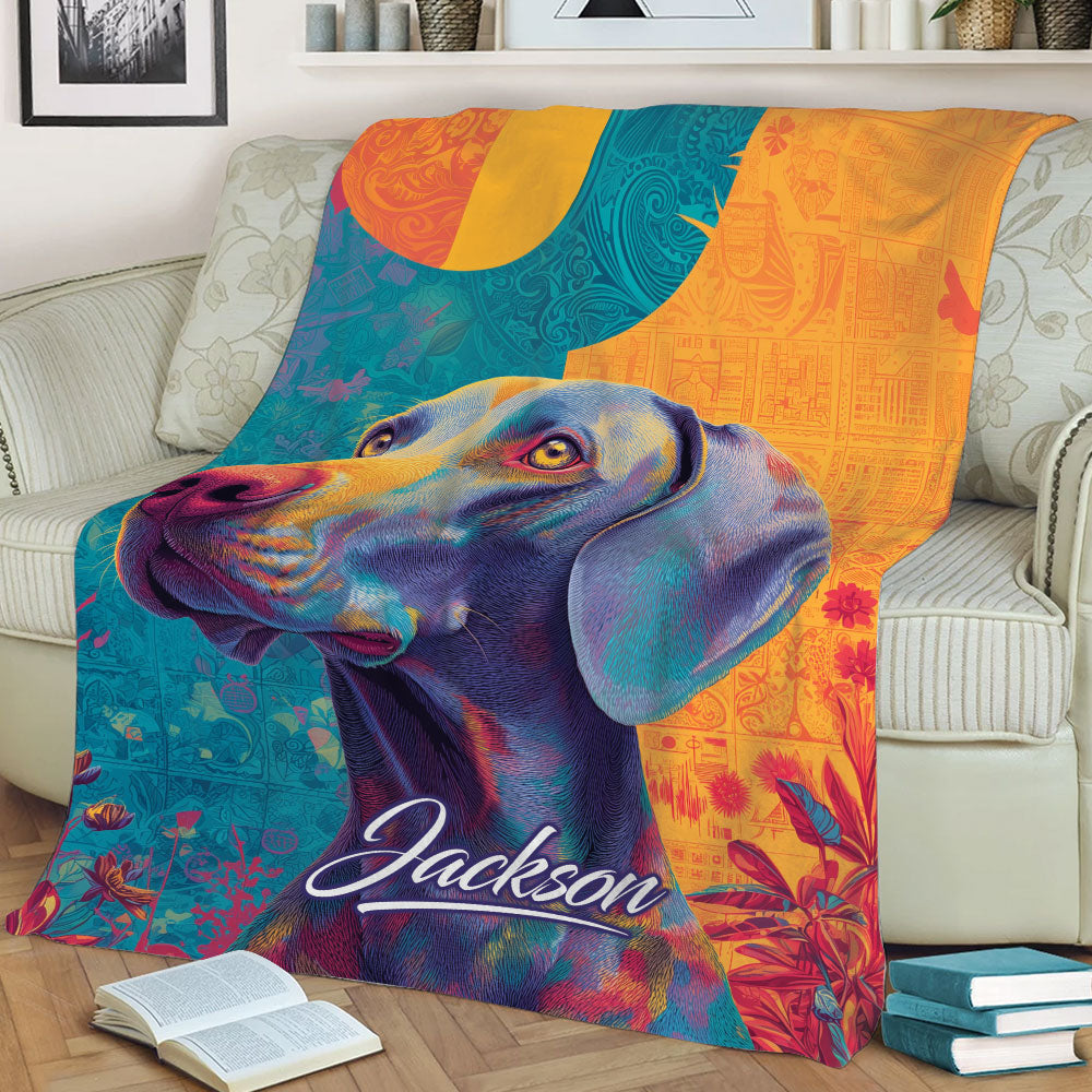 Close lifestyle view of a colorful Weimaraner blanket draped over a sofa