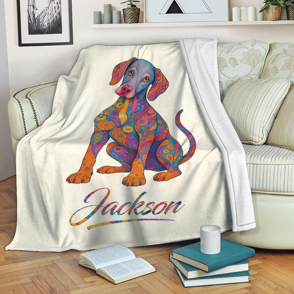 Colorful Weimaraner dog throw blanket styled on a living room sofa