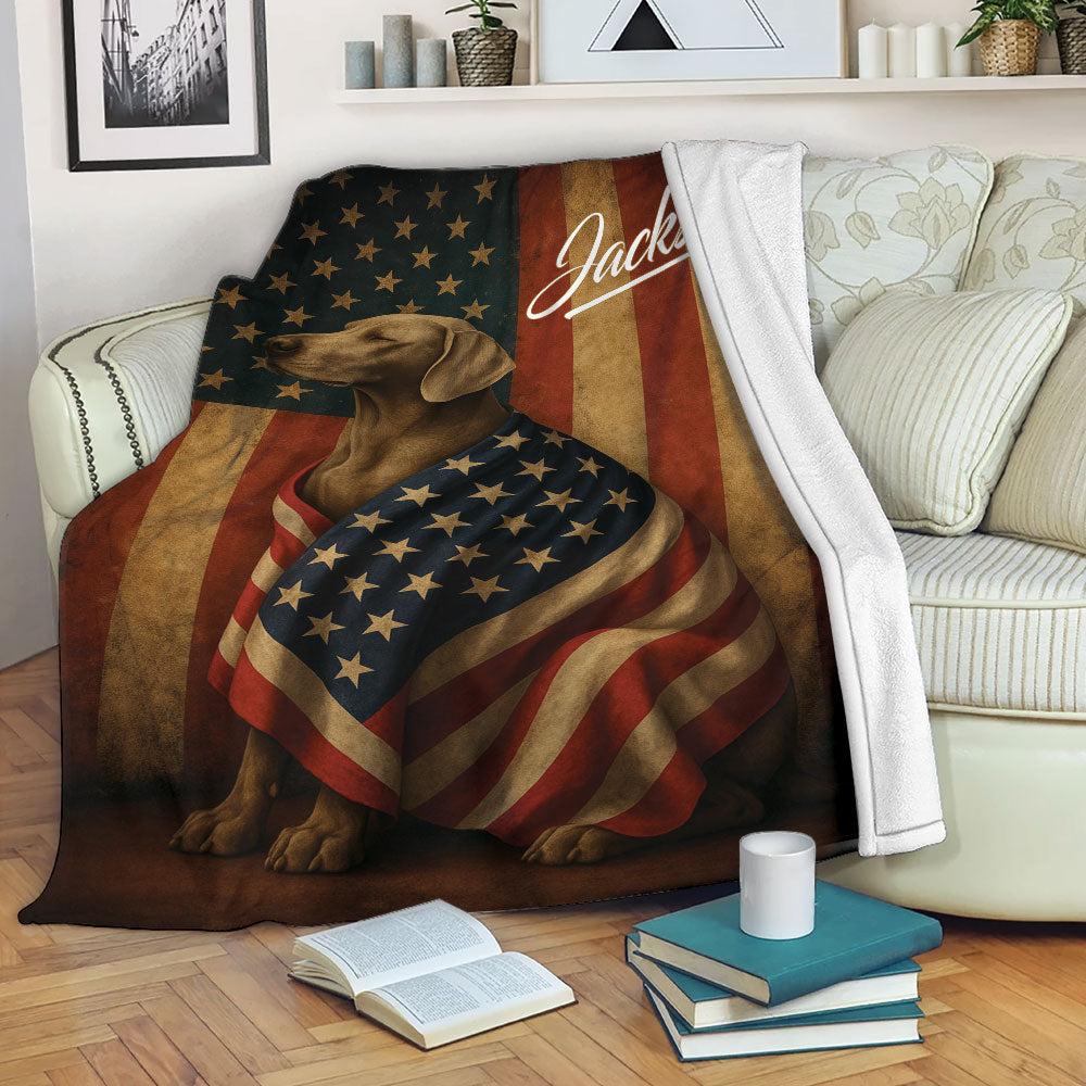 Patriotic Weimaraner throw blanket draped on a sofa in a cozy living room setting