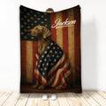 Patriotic Weimaraner blanket featuring a realistic dog wrapped in a vintage American flag design
