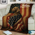 Weimaraner throw blanket displayed across a sofa with bold stars and American flag artwork