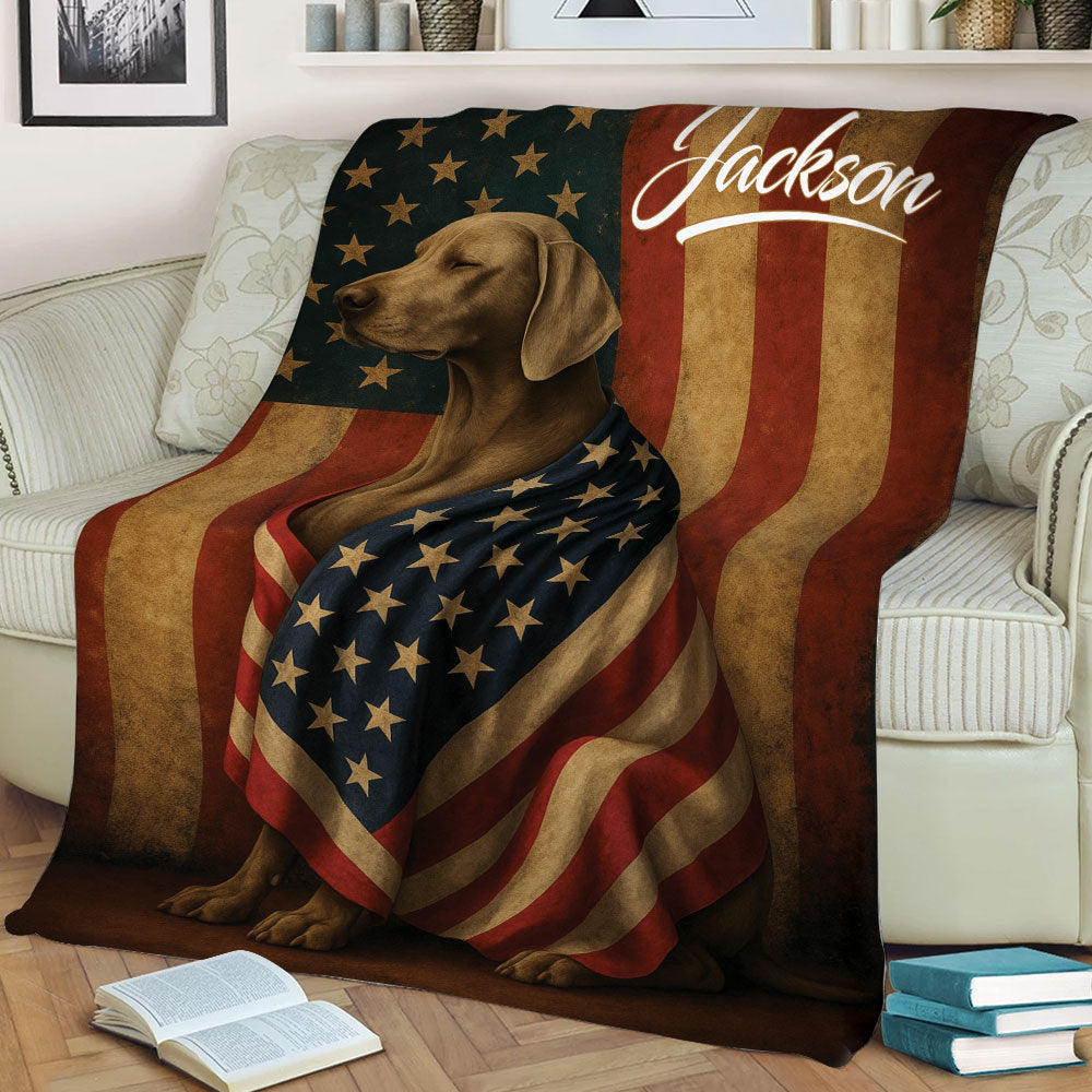 Weimaraner throw blanket displayed across a sofa with bold stars and American flag artwork