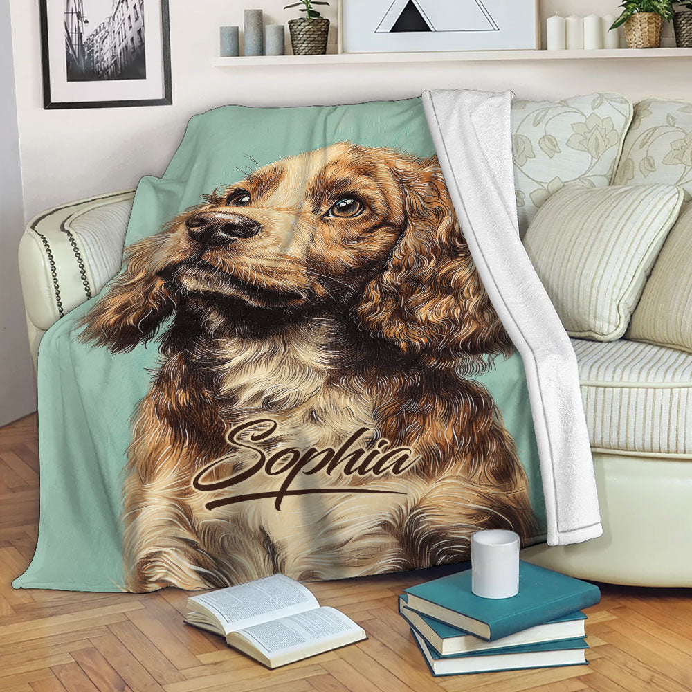 English Cocker Spaniel throw blanket draped over a sofa in a cozy living room