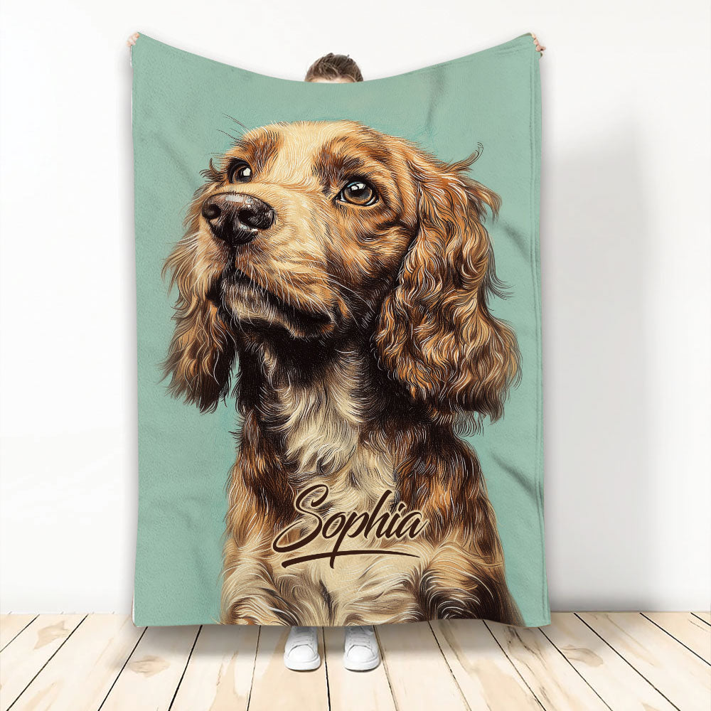 English Cocker Spaniel artwork on a teal blanket shown being held upright
