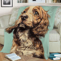 Close view of English Cocker Spaniel artwork displayed on a living room throw blanket
