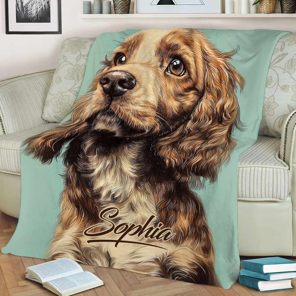 Close view of English Cocker Spaniel artwork displayed on a living room throw blanket