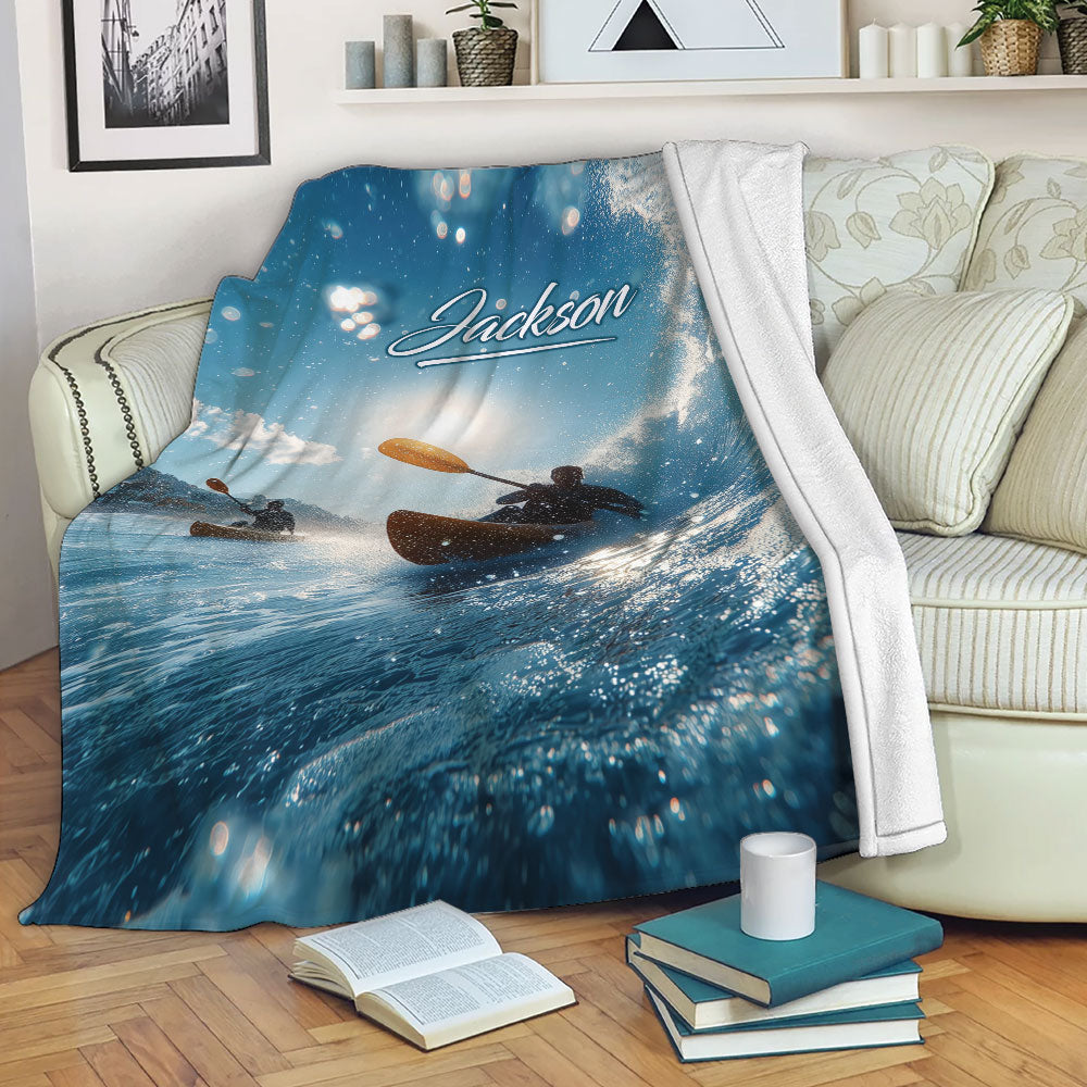 Kayak blanket draped over a sofa with an action scene of paddlers on the water