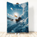 Kayak throw blanket showing paddlers racing through bright blue whitewater rapids