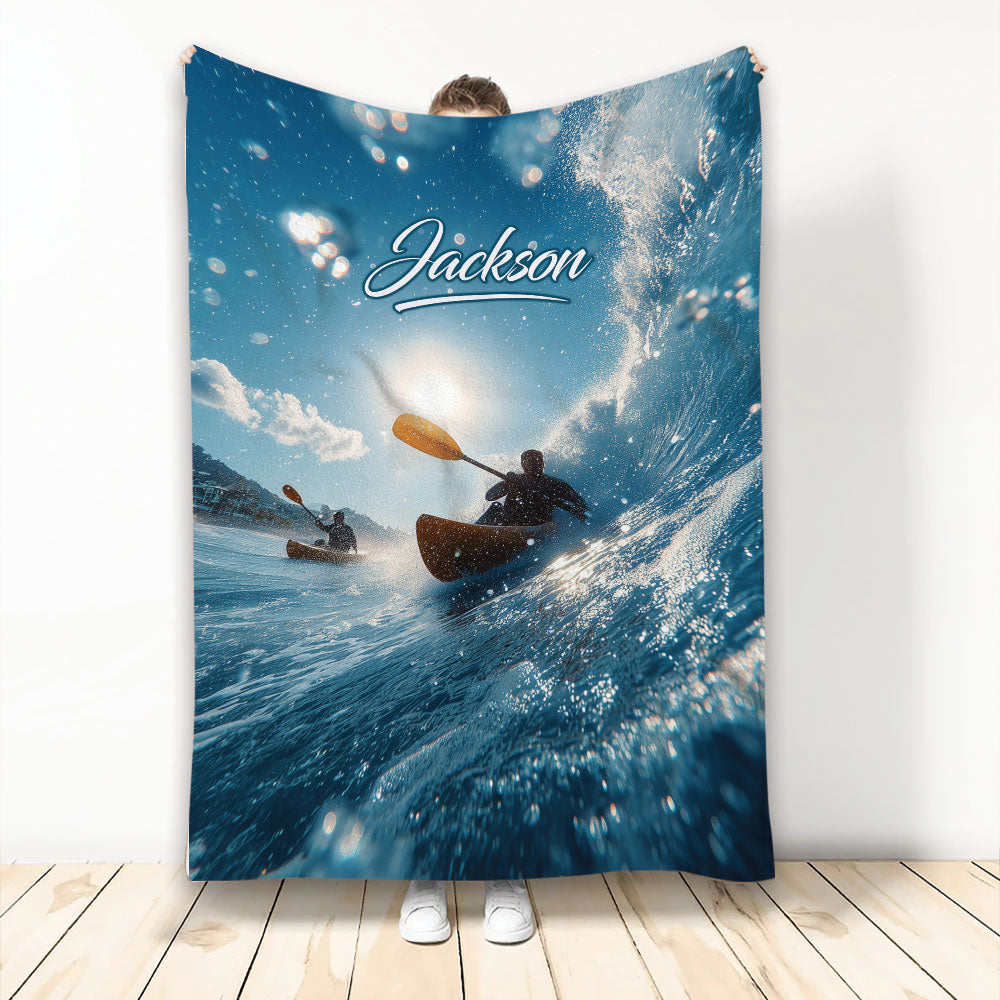 Kayak throw blanket showing paddlers racing through bright blue whitewater rapids