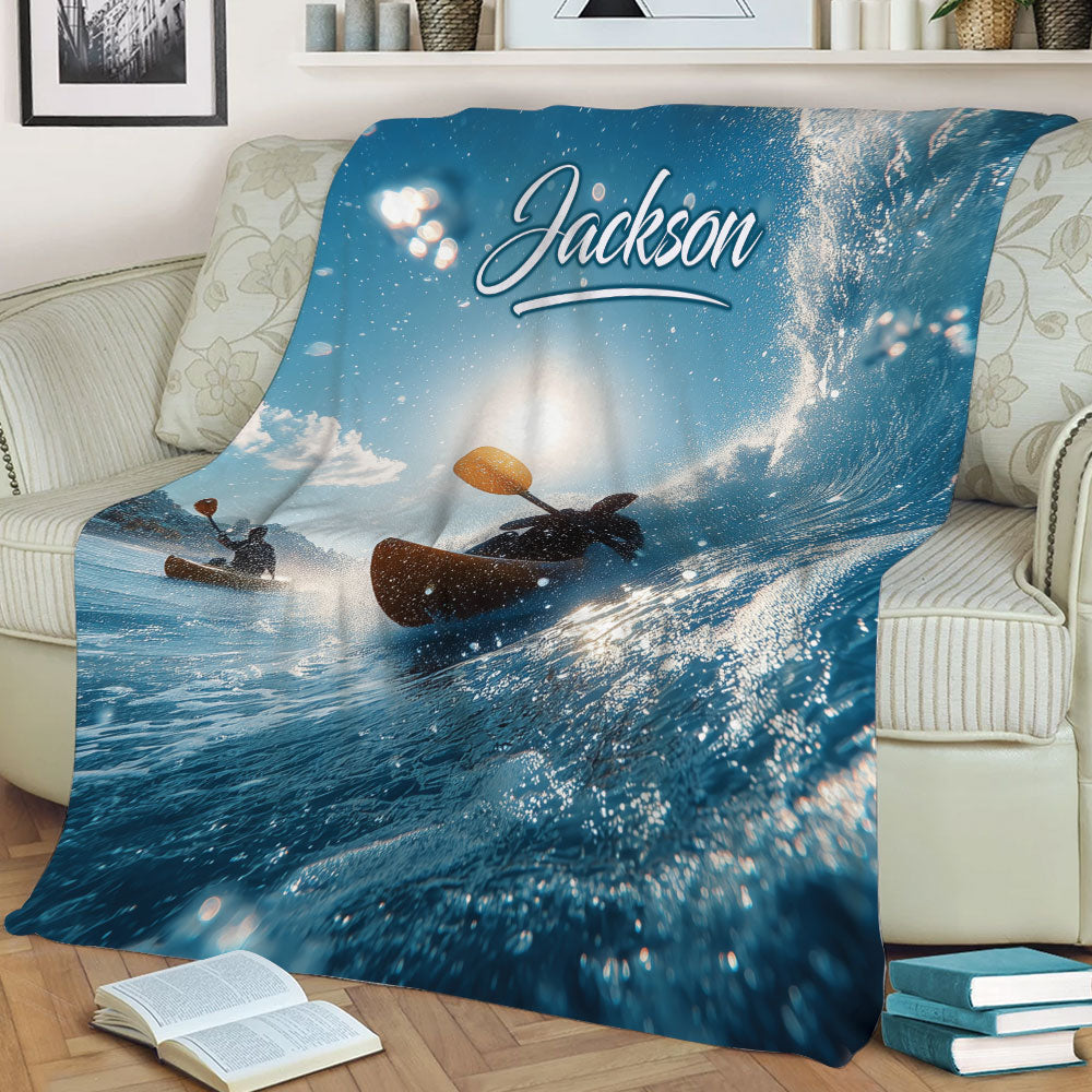 Whitewater kayaking throw blanket displayed across a sofa in a cozy living room