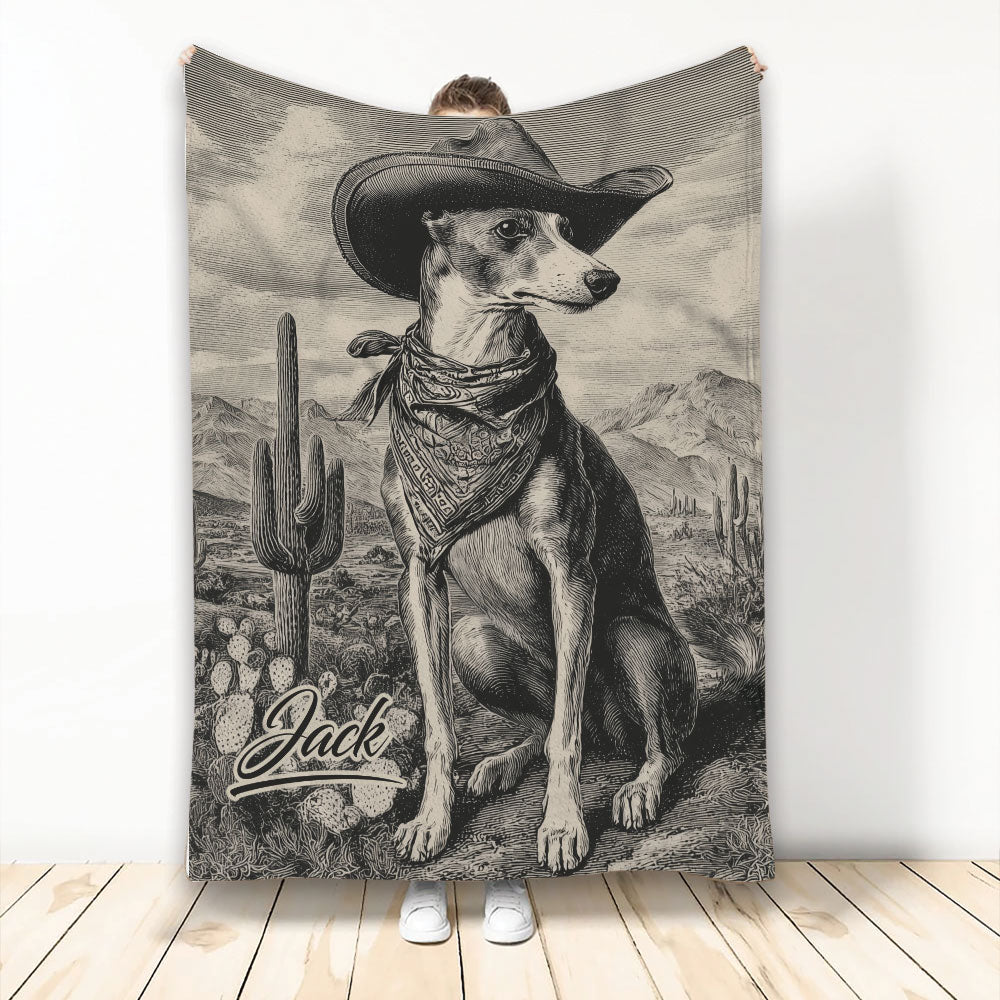 Western Whippet blanket featuring a dog in a cowboy hat and bandana among desert cacti