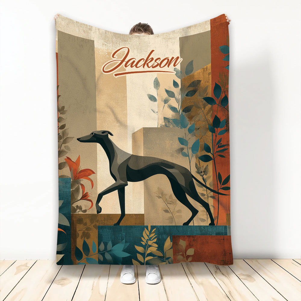Whippet throw blanket featuring a graceful dog silhouette, botanical accents, and earthy vintage-inspired colors