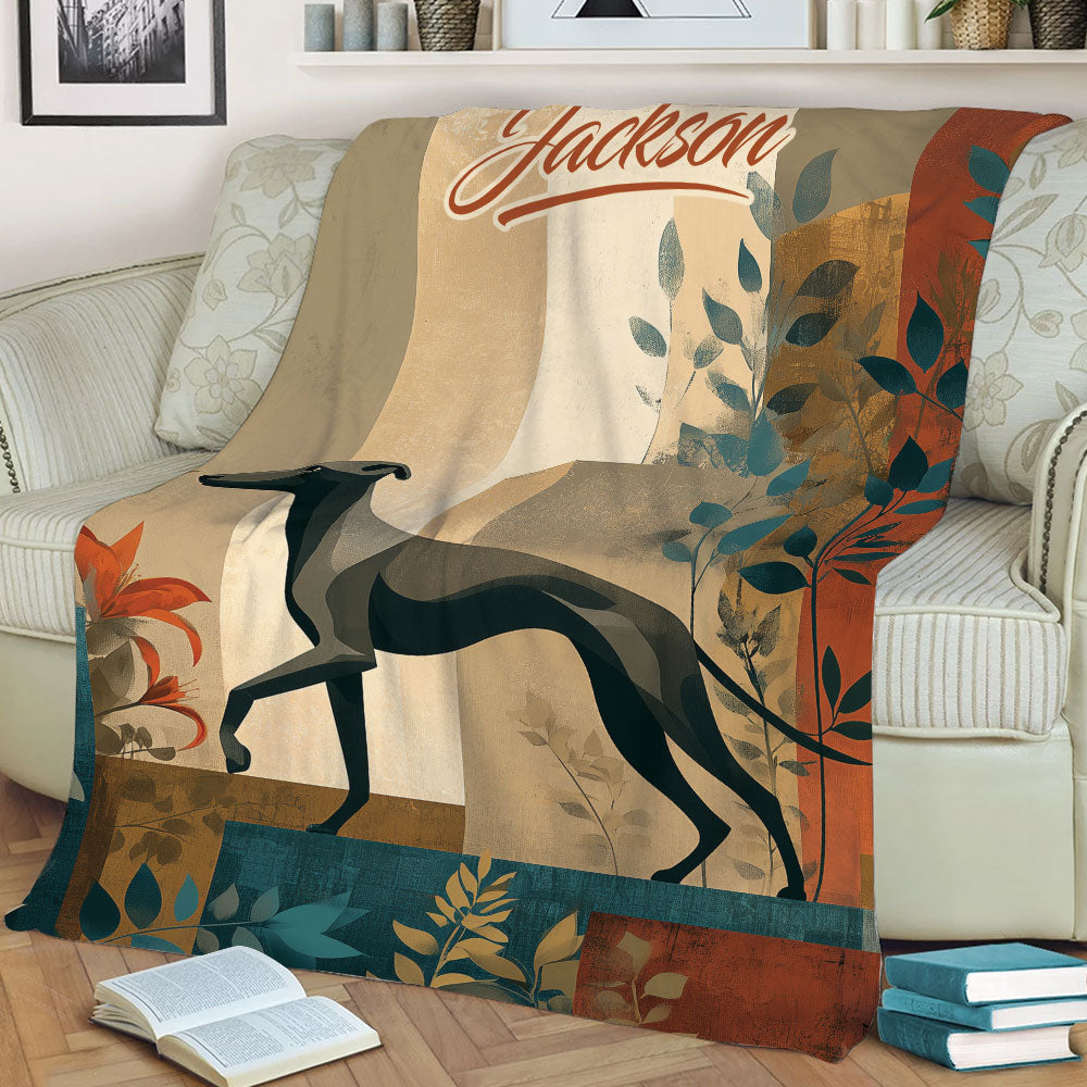 Close view of Whippet dog artwork on a decorative throw blanket styled over a sofa