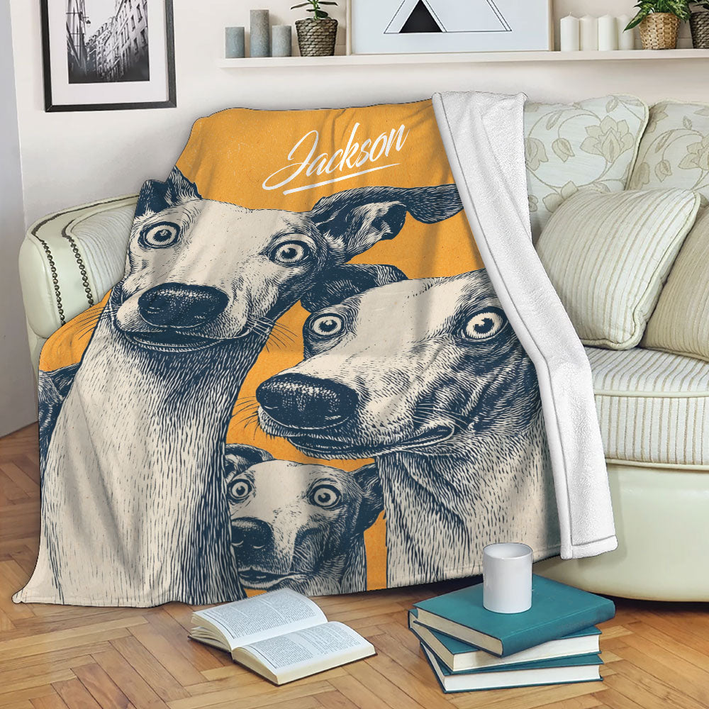 Whippet throw blanket draped over a sofa with bold orange and navy dog artwork