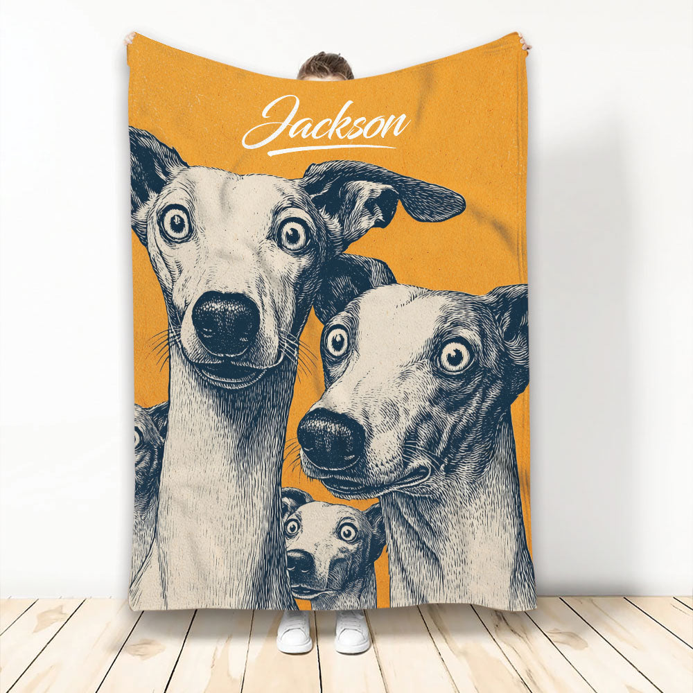 Orange Whippet blanket featuring a vintage-style illustration of three long-legged dogs