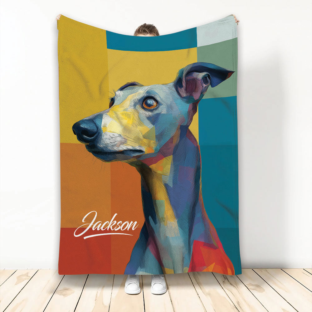 Colorful geometric Whippet artwork printed across a blanket displayed against a wall