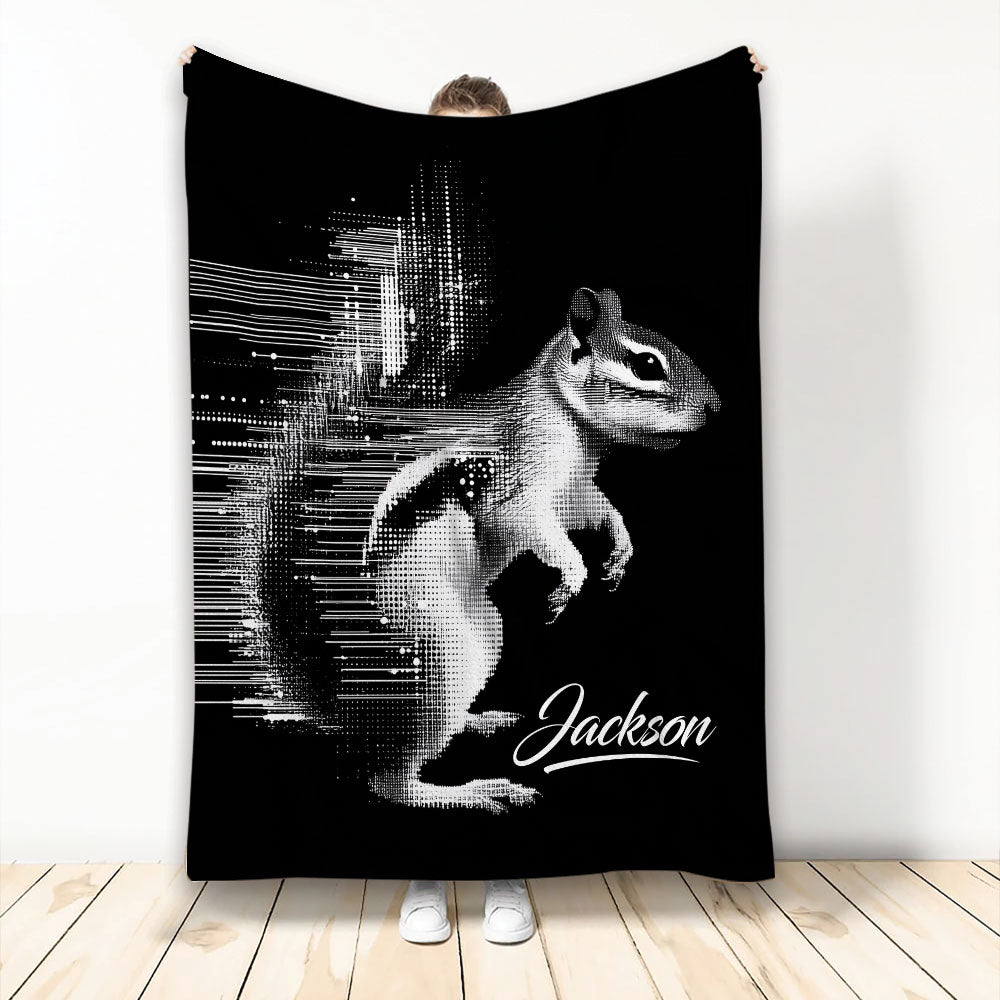 Black and white squirrel blanket with striking digital lines and high-contrast wildlife artwork