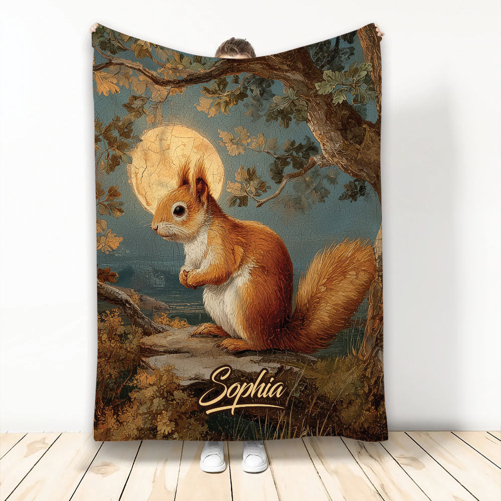 Squirrel throw blanket with woodland branches, full moon artwork, and warm autumn-inspired colors