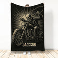Biker blanket featuring a skull motorcycle rider, chain detail, and bold black and tan artwork