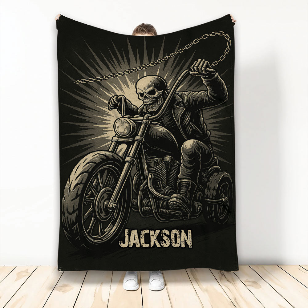 Biker blanket featuring a skull motorcycle rider, chain detail, and bold black and tan artwork