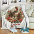 Cowgirl horse rider blanket displayed on a living room sofa with floral Western artwork