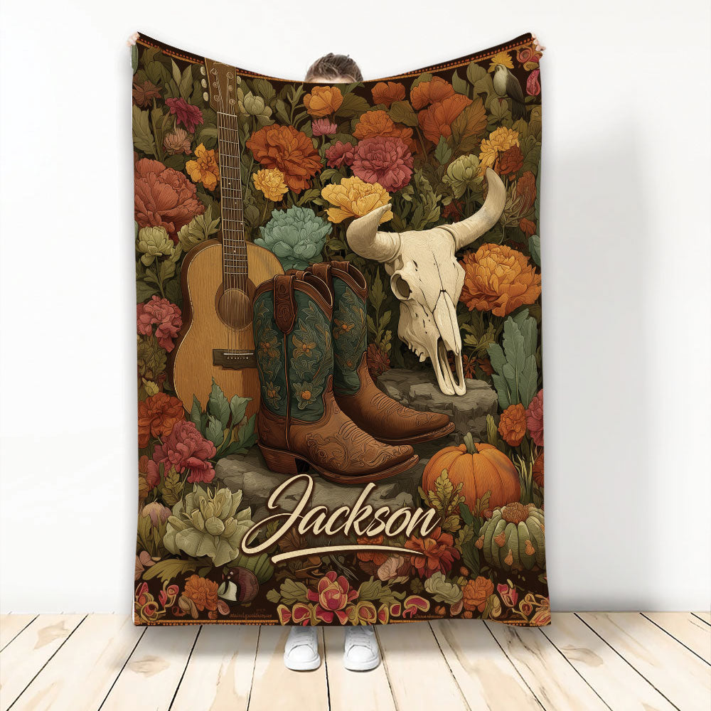 Cowgirl throw blanket with Western boots, guitar, longhorn skull and rustic floral artwork