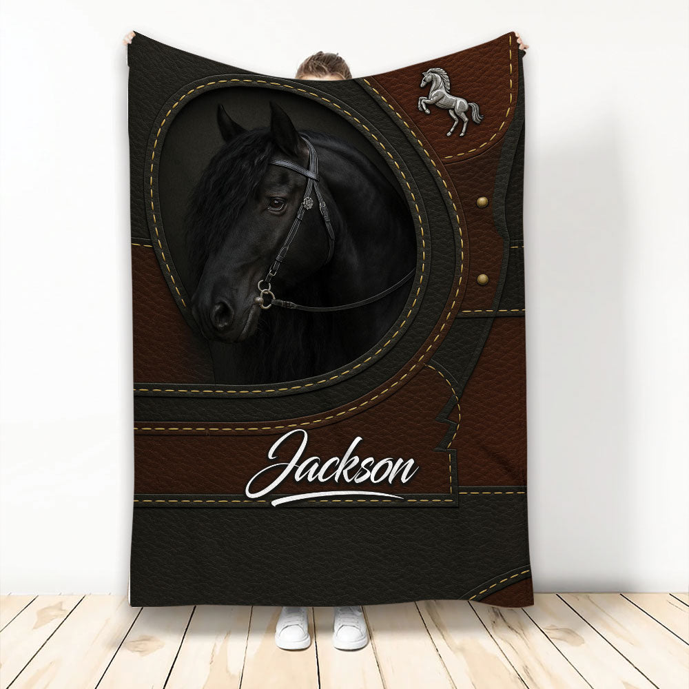 Black horse blanket displayed upright with brown and black saddle-inspired artwork