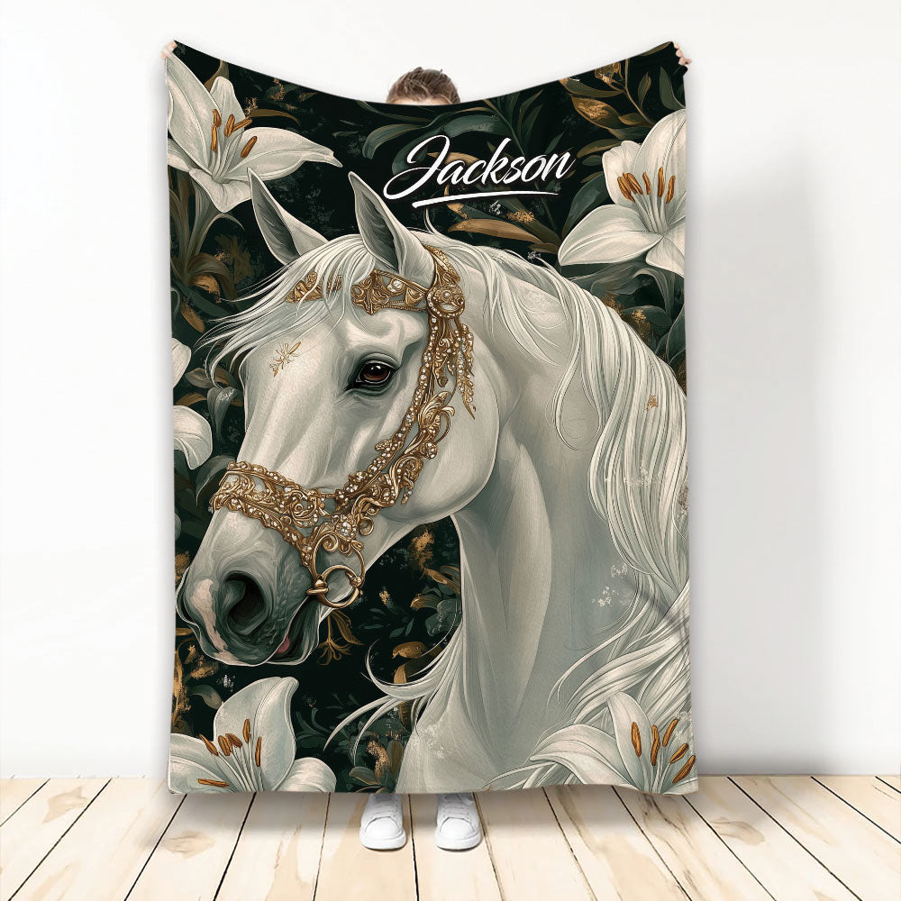 White horse blanket with ornate gold bridle artwork, dark botanical background, and white lily accents