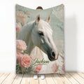 Custom horse blanket featuring a white horse portrait surrounded by soft pink roses and vintage botanical artwork
