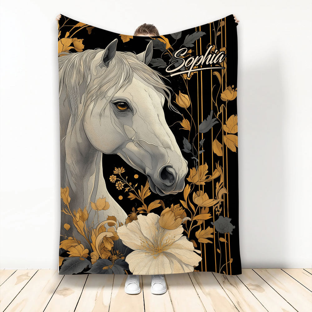 Horse throw blanket featuring a detailed white horse surrounded by gold and gray floral artwork