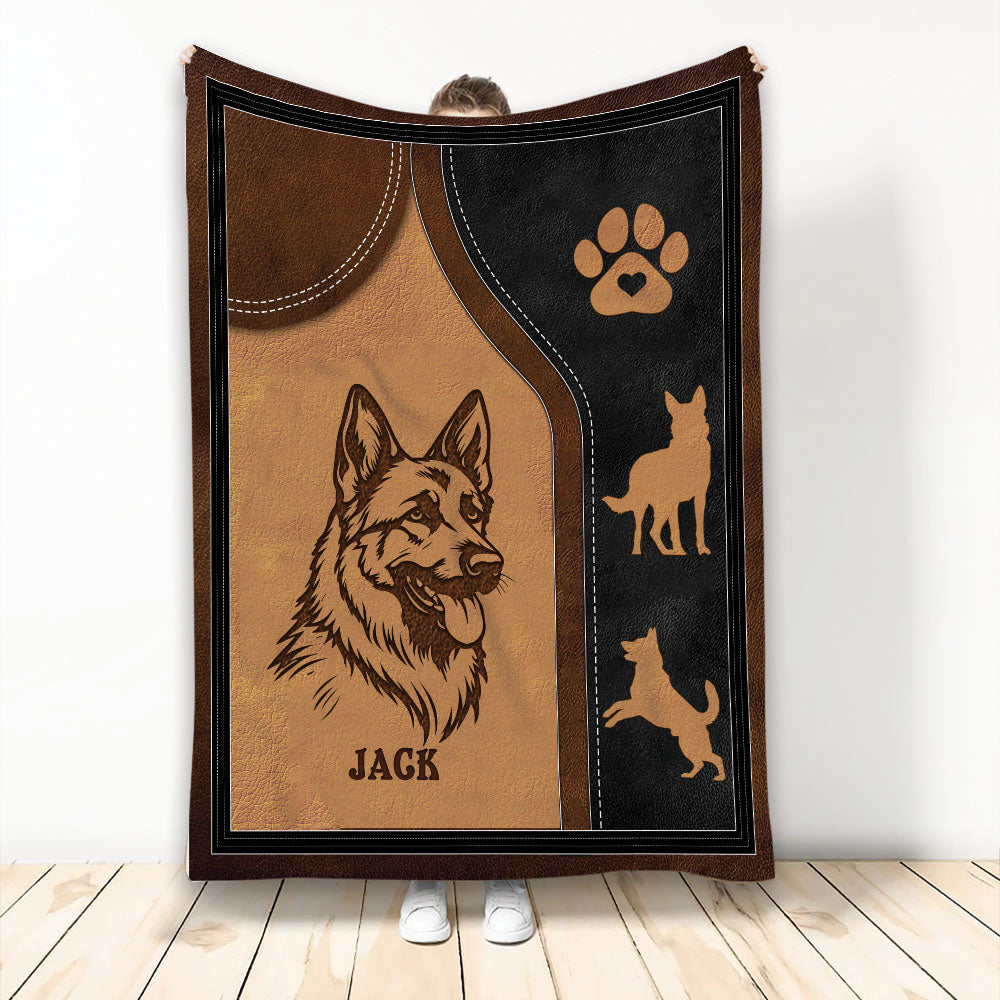 Custom German Shepherd blanket with leather-look panels, paw print, and dog silhouette artwork