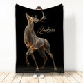 Black deer throw blanket featuring an elegant gold line-art stag design