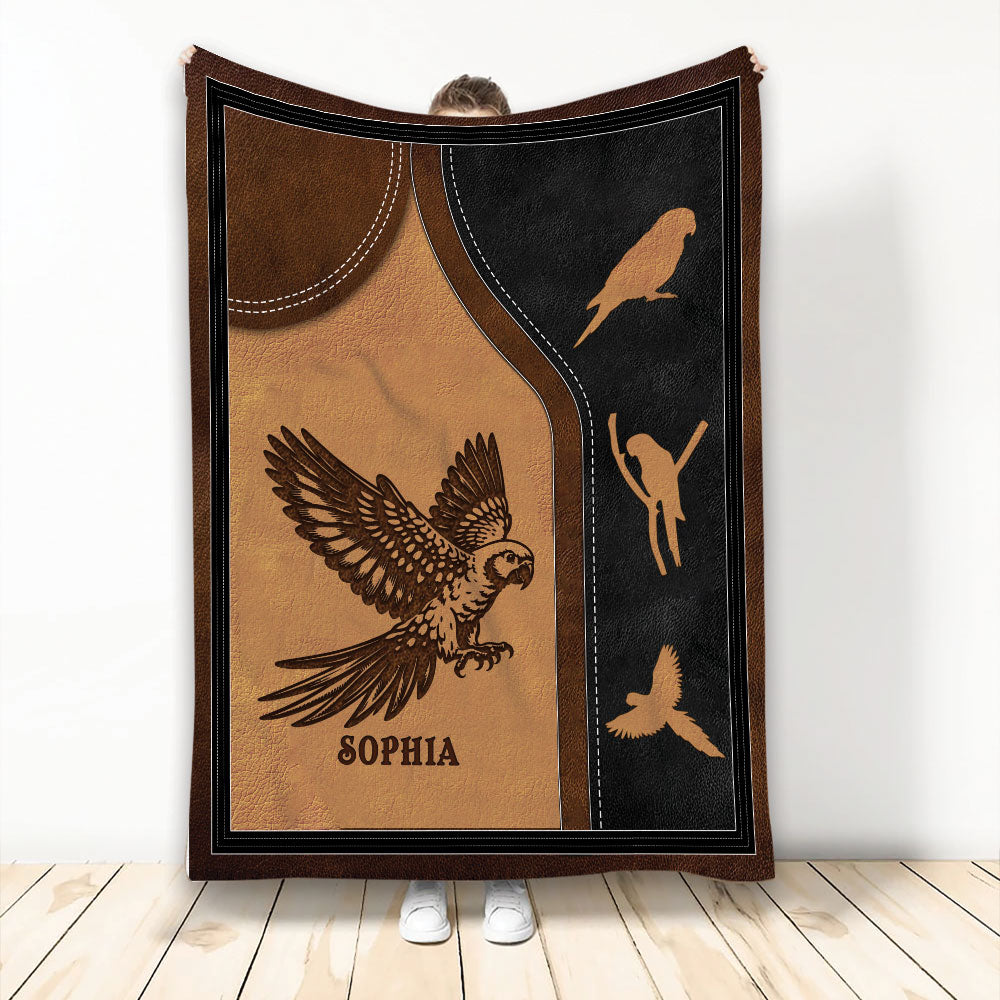 Custom conure throw blanket with a flying parrot, brown and black leather-look artwork, and decorative bird silhouettes
