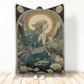 Mermaid throw blanket displayed upright with an illustrated sea maiden, moon, mountains, flowers, and dark teal artwork