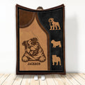 English Bulldog throw blanket with brown and black leather-look artwork and decorative dog silhouettes