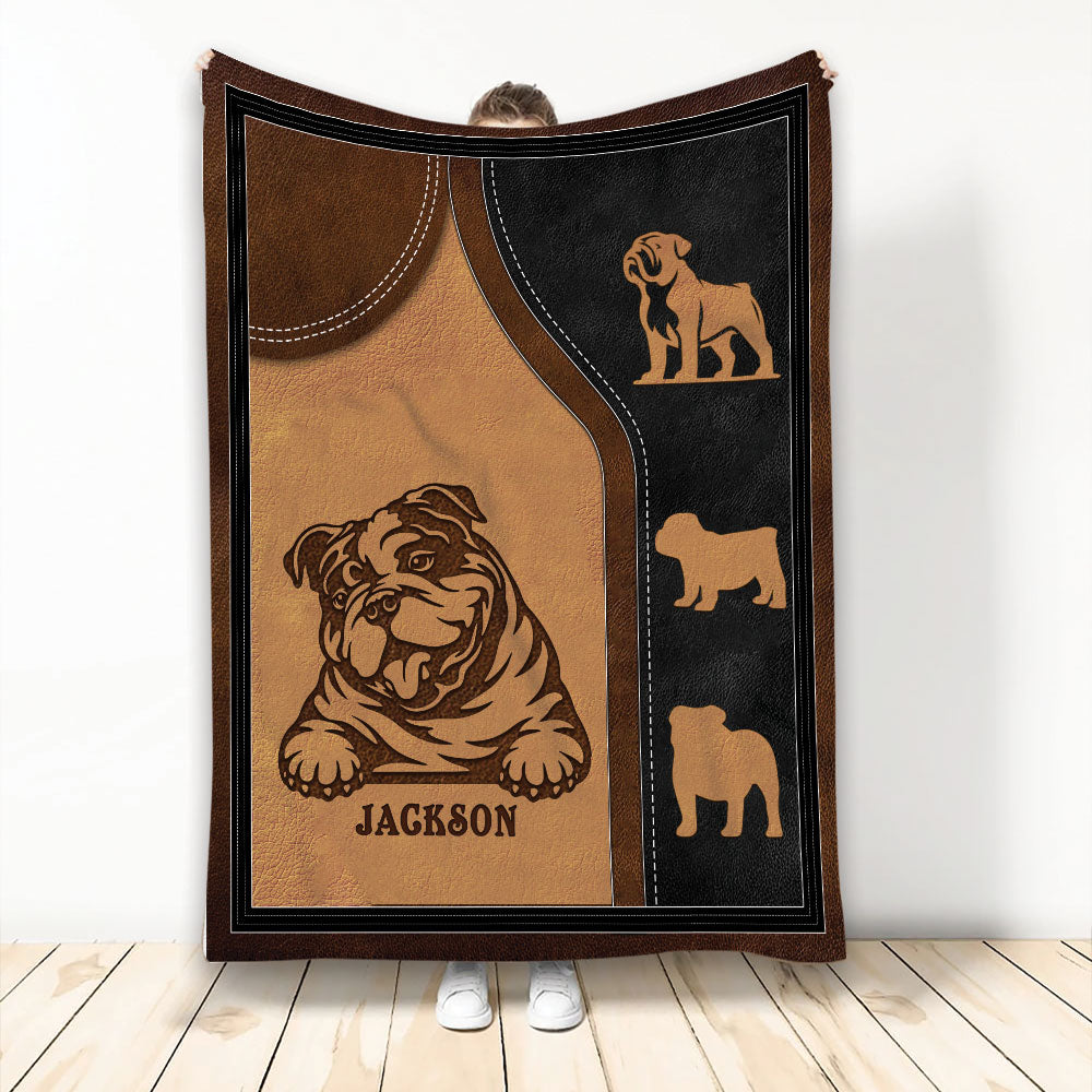 English Bulldog throw blanket with brown and black leather-look artwork and decorative dog silhouettes