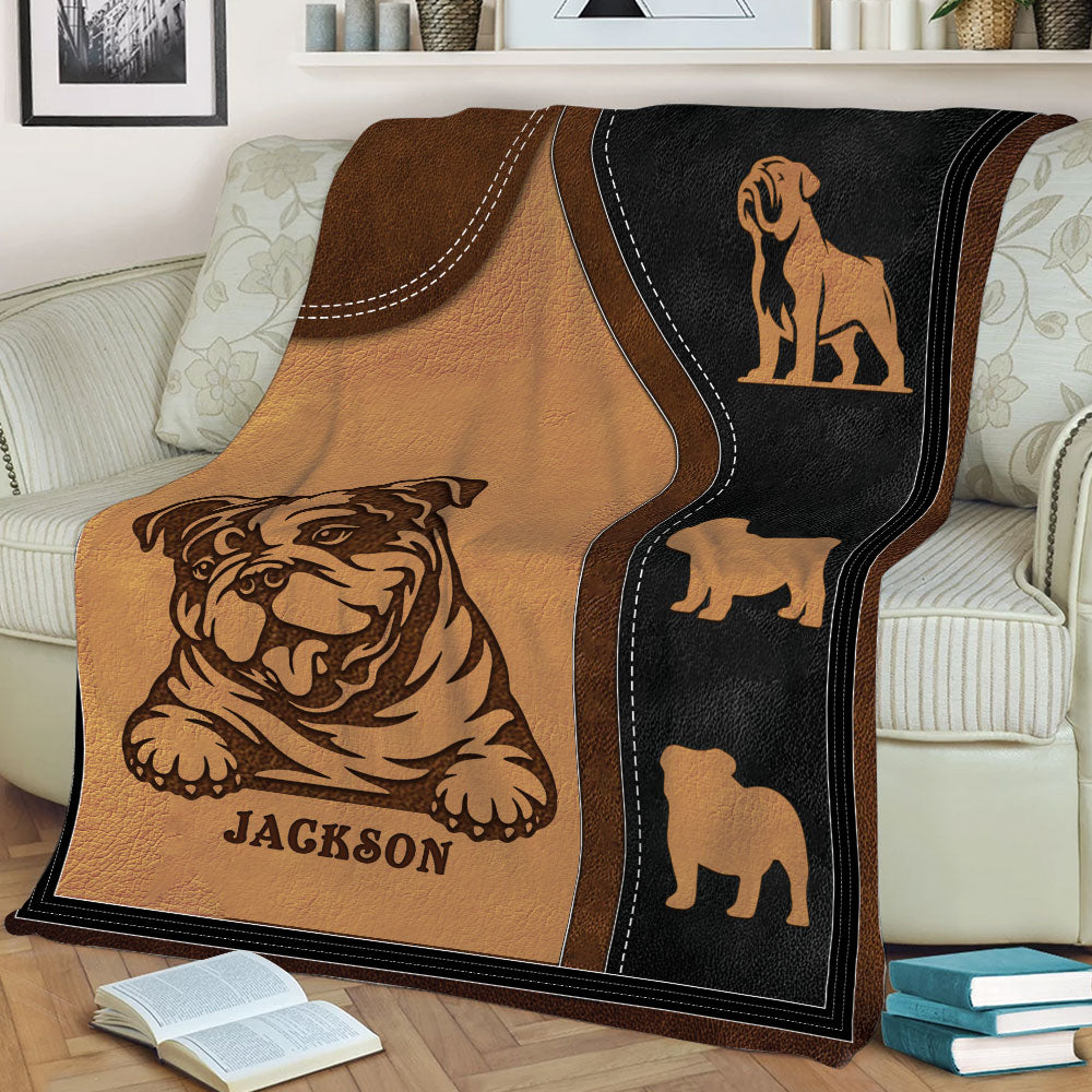 Close view of English Bulldog throw blanket artwork displayed across a living room sofa