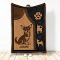 Chihuahua throw blanket displayed upright with rustic leather-look artwork, paw print, and small dog silhouettes