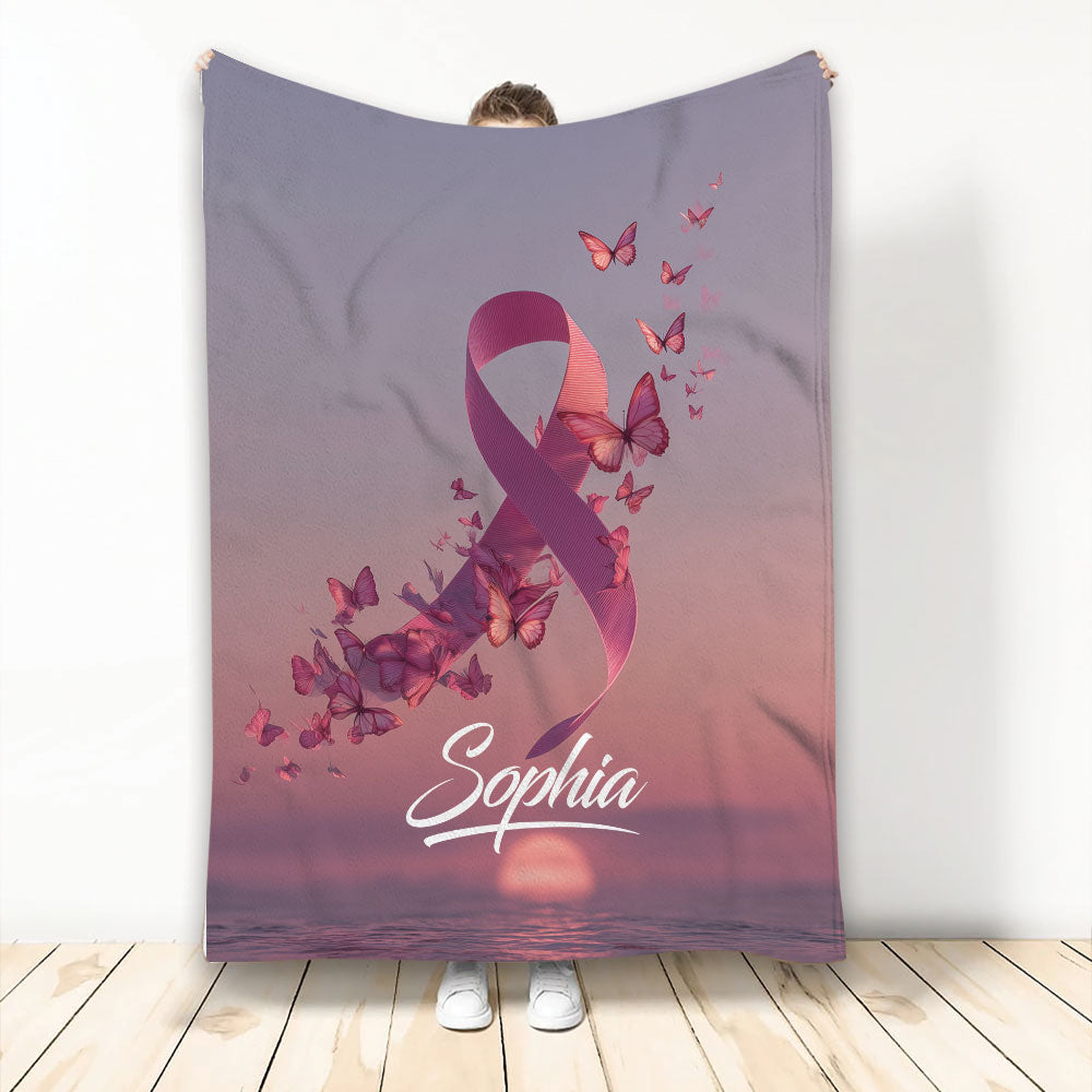 Breast Cancer awareness throw blanket with pink ribbon and butterfly artwork