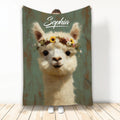 Alpaca throw blanket with a flower crown illustration on a rustic green background